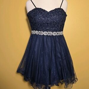 City Studio Dress Lace Tulle Beaded Women's 7 NWOT Homecoming Navy Blue Mini